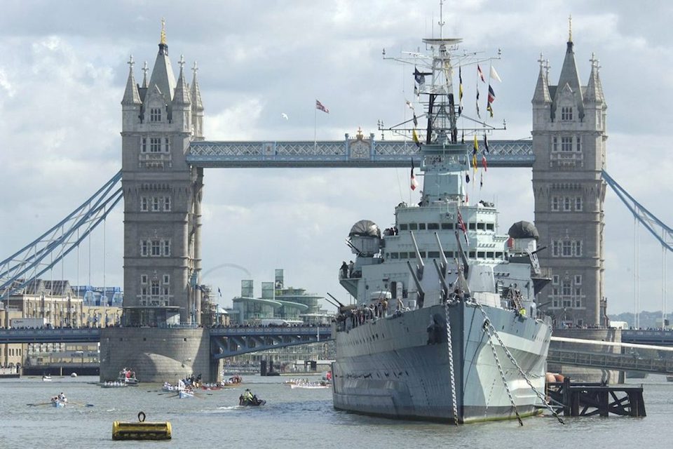 The original HMS Belfast, belonging to the Imperial War Museum, based on the Thames.