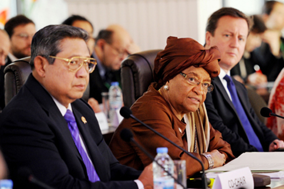 President Yudhoyo of Indonesia, President Sirleaf of Liberia and Prime Minister David Cameron at the UN High Level Panel. Credit: Stefan Rousseau/PA