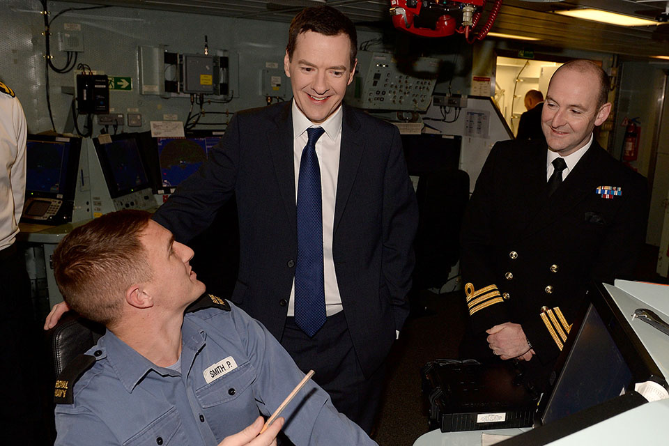 Able Seaman Peter Smith meets the Chancellor George Osborne on board HMS Defender in Portsmouth