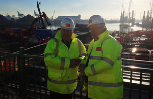 Patrick McLoughlin with Joe Anderson, Mayor of Liverpool (left) at Seaforth docks.