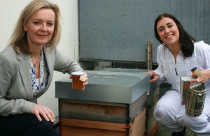 Secretary of State Elizabeth Truss with a beekeeping apprentice.