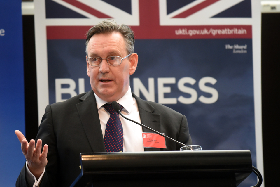 British Consul General to Hong Kong and Macao Andrew Heyn addresses UK and local businesses at the British Chamber of Commerce in Hong Kong