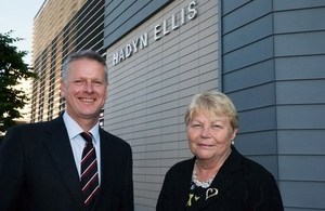 Baroness Jenny Randerson with Professor Colin Riordan outside the Hadyn Ellis Building