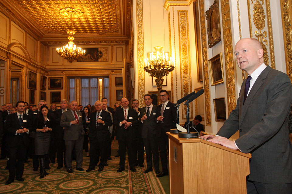 Foreign Secretary William Hague speaking at the EU-US Free Trade Agreement reception in London.
