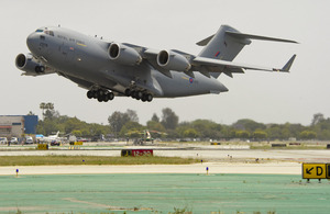 A new RAF C-17 Globemaster aircraft takes off from Boeing's production plant in California, USA, in May 2012 (library image) [Picture: Copyright Boeing]