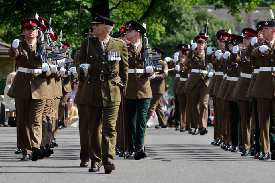 Soldiers march off the parade square during the final passing out parade at the Army Training Regiment Bassingbourn