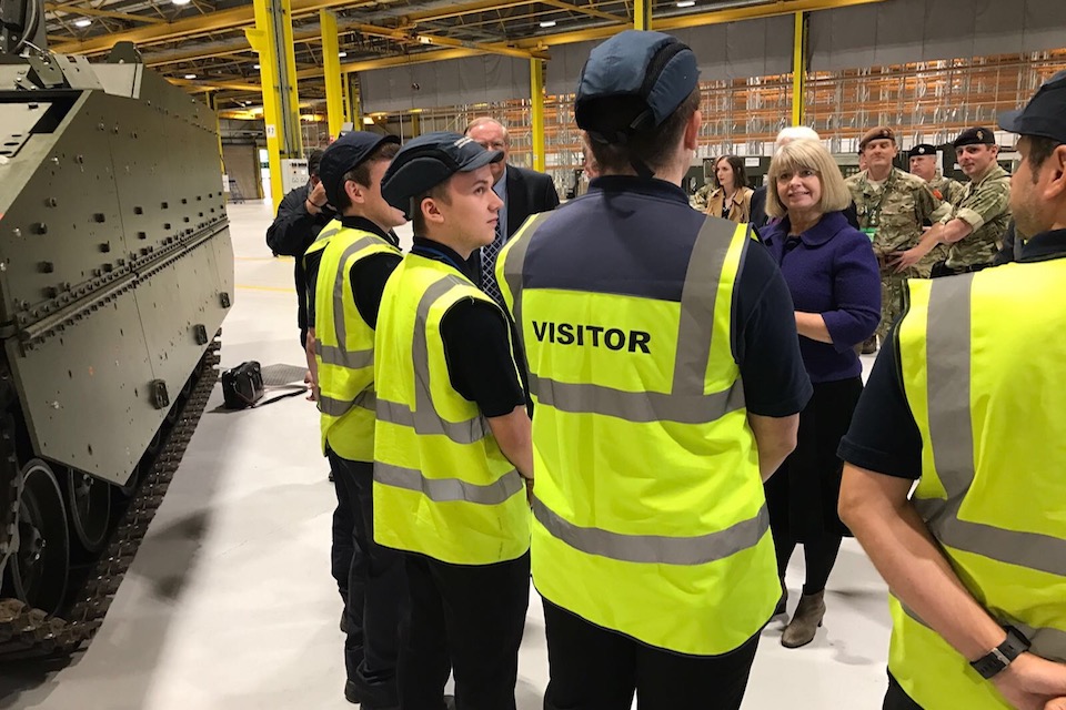 Defence Minister Harriett Baldwin met with apprentices working on the Ajax programme at the factory in Merthyr Tydfil.