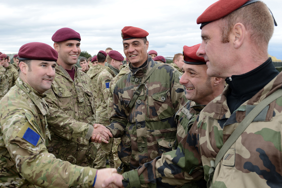 Soldiers from 16 Air Assault Brigade greet French troops