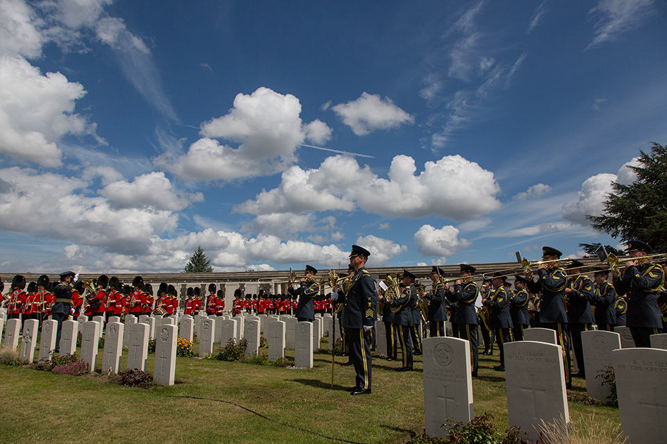 The Band of the Welsh Guards and the Central Band of the RAF at the Tyne Cot Cemetery