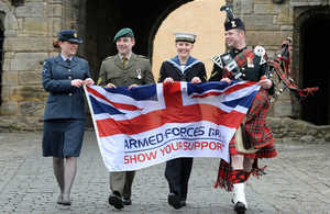 Service personnel with an Armed Forces Day flag at Stirling Castle [Picture: Mark Owens, Crown copyright]