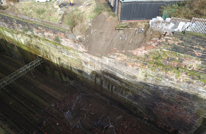 Aerial view of collapsed wall