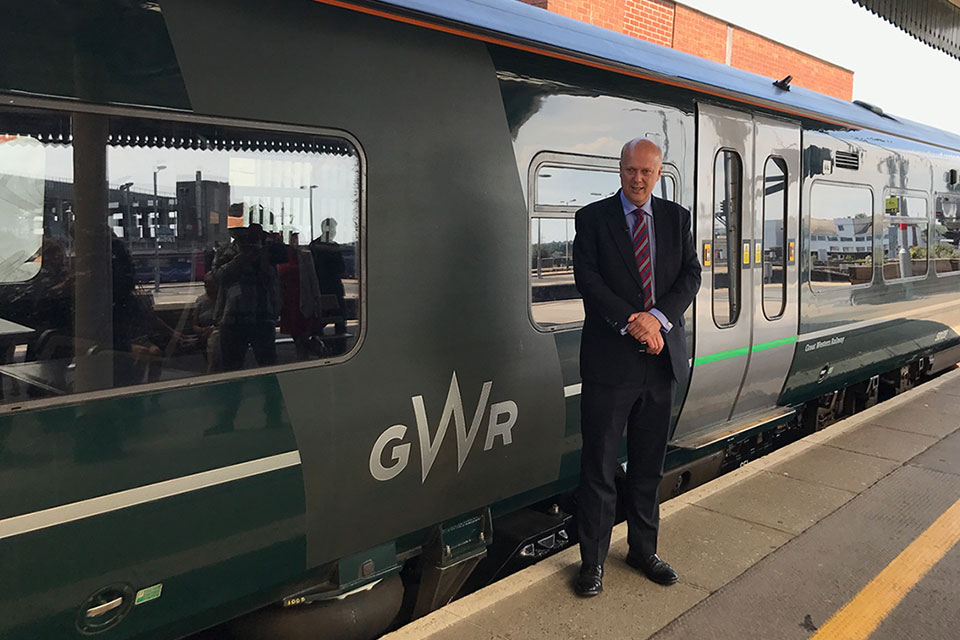 Picture of Chris Grayling in front of a Great Western Railway train.