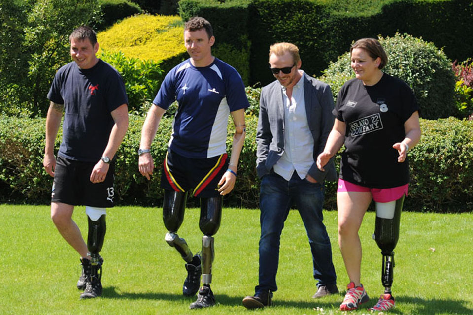 From left: Bombardier Paul Brent, Corporal Matt Webb, actor Simon Pegg and Captain Anna Poole in the grounds of Headley Court 
