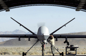 A MQ-9 Reaper unmanned aerial vehicle based at Creech Air Force Base, Nevada, USA, is prepared for a training mission over the west coast of America (stock image)
