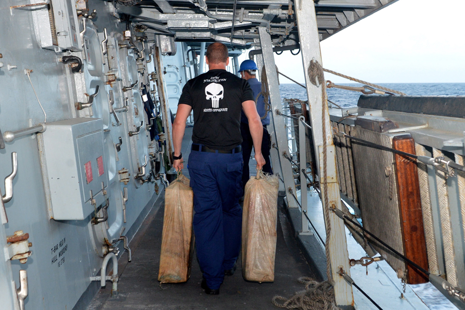 Sailors on board HMS Lancaster carry away part of a major drugs haul [Picture: Leading Airman (Photographer) Jay Allen, Crown copyright]