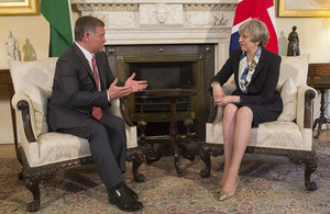 Prime Minister Theresa May speaking with King Abdullah of Jordan at 10 Downing Street