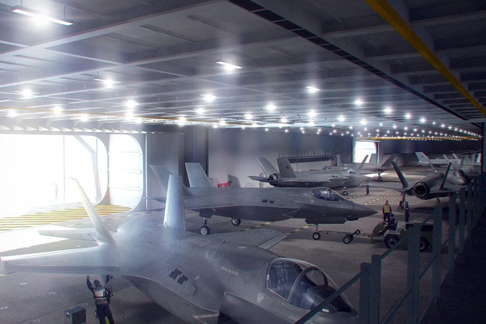 Lightning II jets inside HMS Queen Elizabeth's hangar