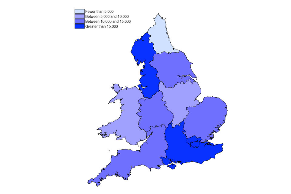  A map showing the number of entertainment premises licences in force on 31 March 2014 by region