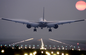 Airplane landing at an airport.