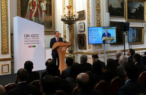 Liam Fox speaking at the UK-GCC PPP Conference in London.
