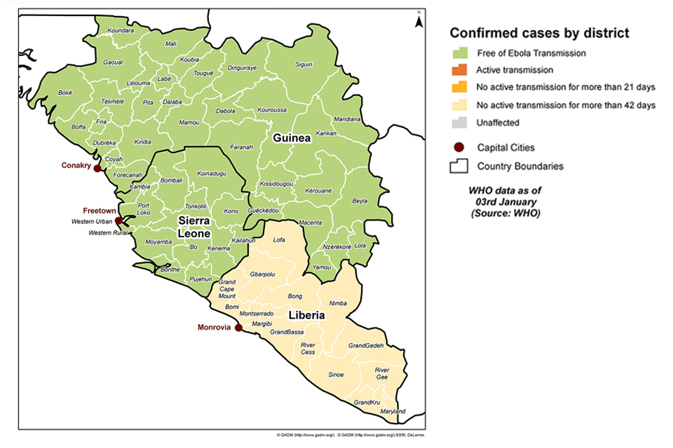 Ebola virus disease distribution map (WHO data as at 3 January 2016)