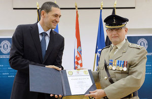 Lt Col Philip Osment, UK Defence Attaché to Croatia between 2010-13, presented with Certificate of Merit by Croatian Defence Minister.
