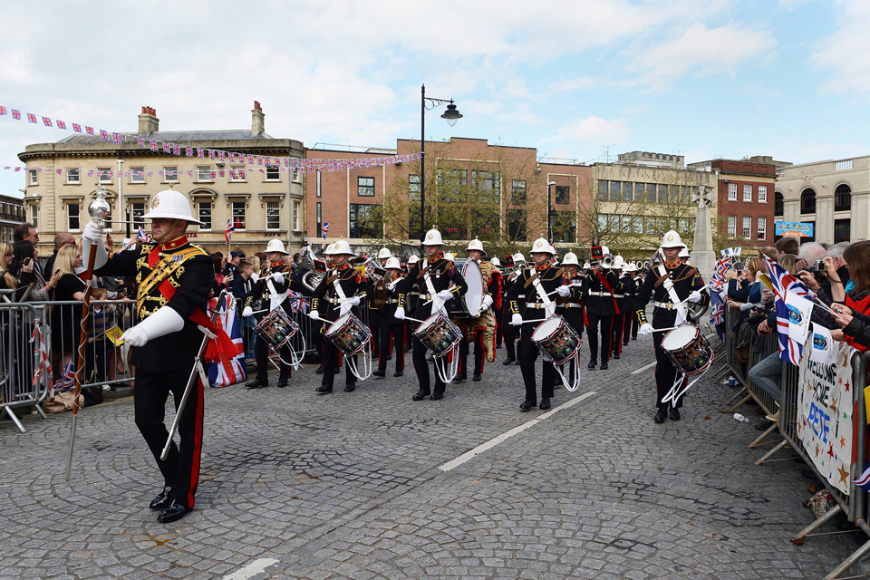The Band of HM Royal Marines Plymouth marching through Taunton