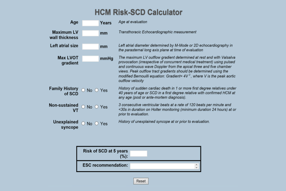 Image showing screenshot of risk calculator