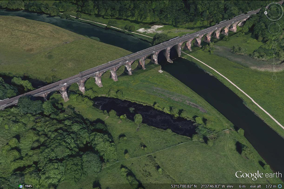 A Google earth view of Dutton Viaduct crossing the river 