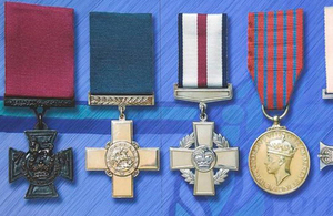 From left to right the medals shown are: the Victoria Cross, the George Cross and the Conspicuous Gallantry Cross