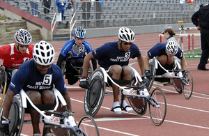 United States servicemen compete in the 200-metre wheelchair event during the second annual Warrior Games, in Colorado Springs in May 2011