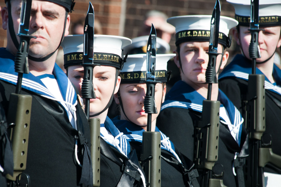 Members of the Royal Naval Reserve on parade at HMS Dalriada