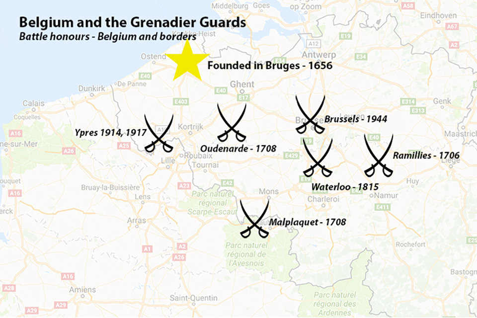 A map of some of the Grenadier Guards' battle honours in Belguim