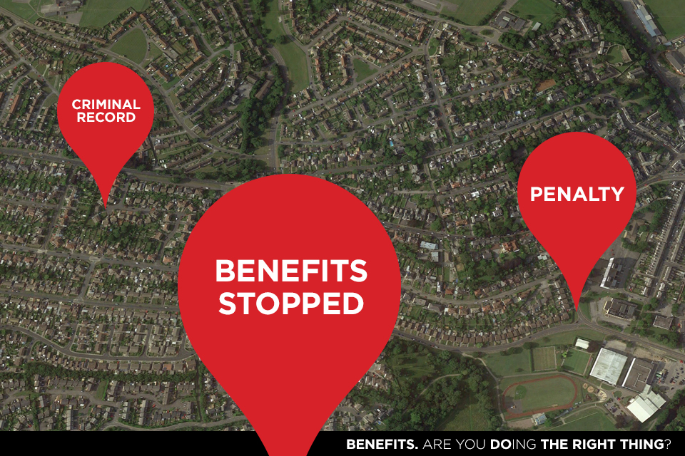 An image which highlights the consequences of being caught as a benefit thief: criminal record, benefits stopped, and other penalties.