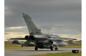 A Tornado GR4 aircraft prepares to leave RAF Marham in Norfolk on a mission over Libya