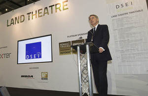 Defence Secretary Philip Hammond speaking on the first day of DSEI 2013 [Picture: Petty Officer (Photographer) Derek Wade, Crown copyright]