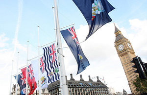 Flags of the Overseas Territories flying in Parliament Square, London
