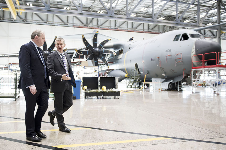 A £70 million hangar large enough to contain three of the RAF’s new Atlas transport aircraft at the same time was officially opened by Defence Minister Guto Bebb at RAF Brize Norton today. Crown copyright.