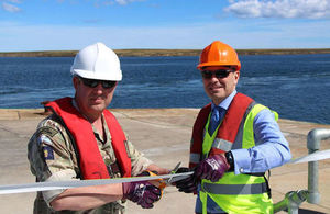 Photo (L-R): Brigadier Baz Bennett, Commander of British Forces South Atlantic Islands and DIO Chief Operating Officer Geoff Robson officially open the jetty at Mare Harbour Crown Copyright, MOD 2018