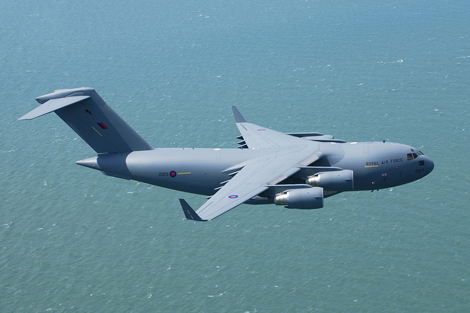 An RAF C17 transport aircraft pictured in transit. Crown Copyright.