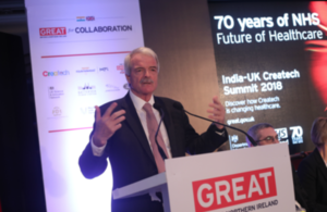 Picture of Sir Malcolm Grant, Chair of NHS England, speaking at the India-UK Createch Summit