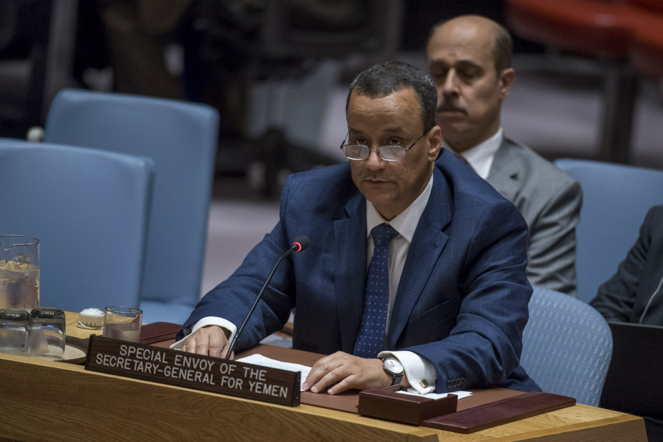 Ismail Ould Cheikh Ahmed, the Secretary General's Special Envoy for Yemen, briefs the Security Council in October 2017. (UN Photo)