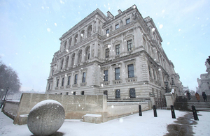 Foreign & Commonwealth Office building, viewed from St James's Park, in the snow