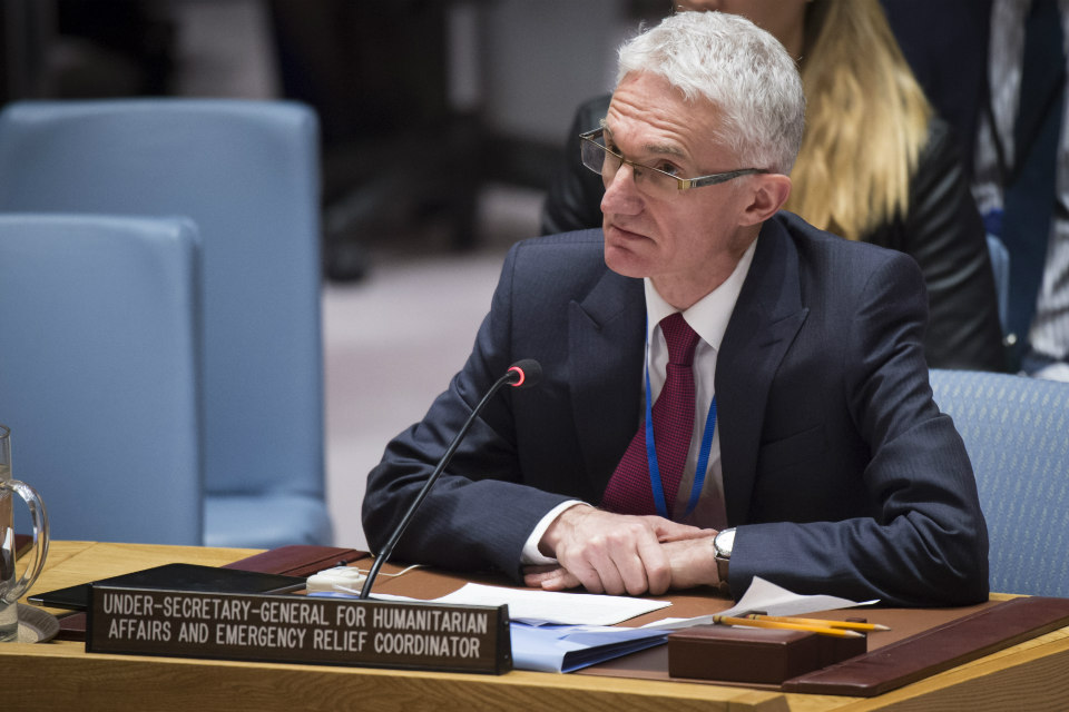 Mark Lowcock, Under-Secretary-General for Humanitarian Affairs and Emergency Relief Coordinator, briefs the Security Council on the situation in Syria. (UN Photo)