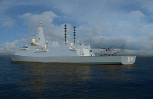 Computer Generated Image of the future Type 26 Global Combat Ship with embarked Merlin Helicopter. Crown copyright.