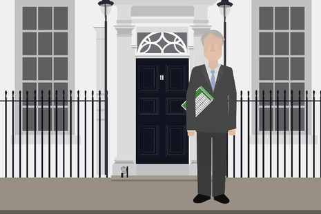 Drawing of the Chancellor outside Number 11 Downing Street.