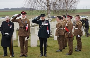 Captain Matt Tovey, Senior Officer representing Royal Anglians (left) Rob Thompson, Defence Attaché, British Embassy salute in front of the Royal Anglians, Crown Copyright, All rights reserved