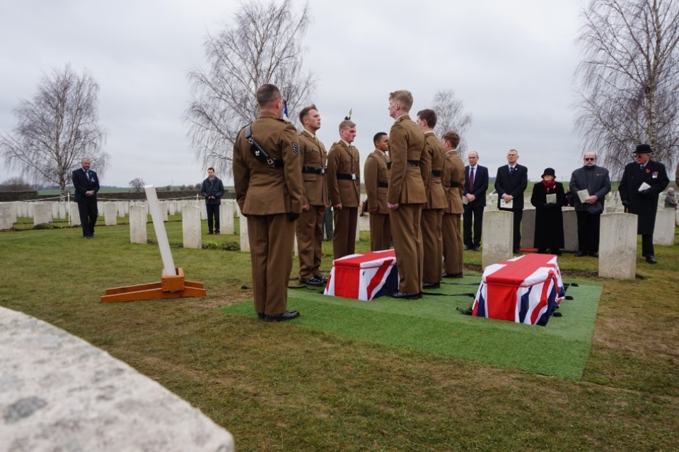 Members of the 3 Rifles Regiment standing by the coffin of the unknown Durham Light Infantry soldier, Crown Copyright, All rights reserved