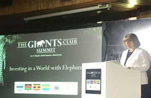 Harriett Baldwin addresses delegates at the Giants' Club Summit in Botswana