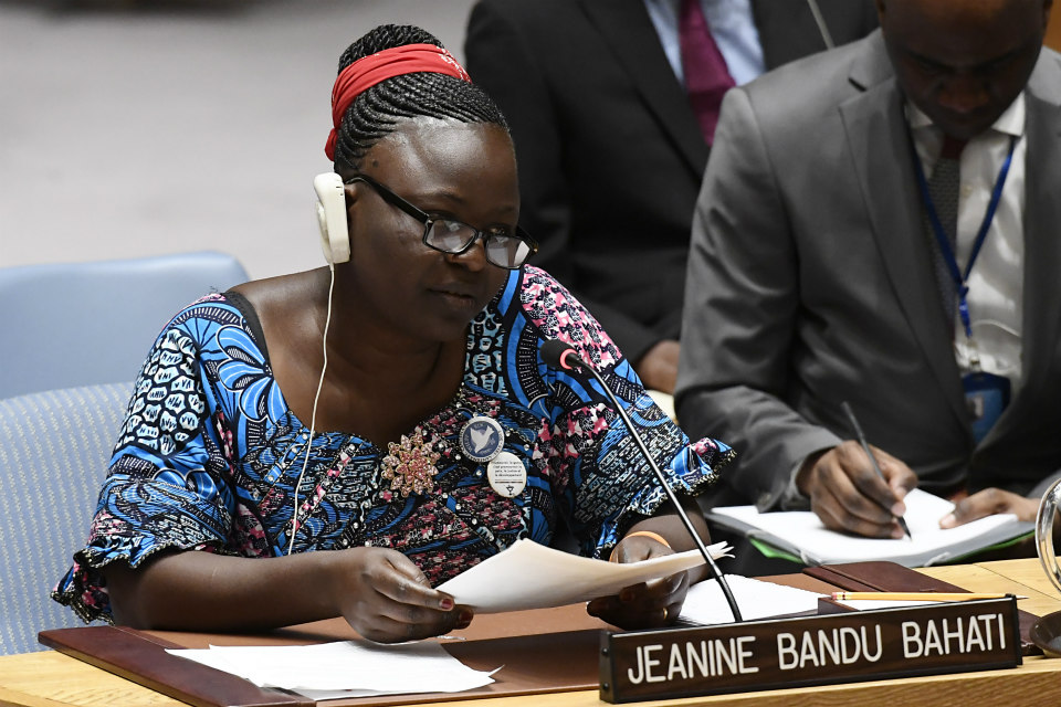 Jeanine Bandu Bahati, Coordinator of Encadrement des Femmes Indigènes et des Ménages Vulnérables (EFIM), a human rights organization based in the Democratic Republic of the Congo, briefs the Security Council on the situation in the country. (UN Photo)